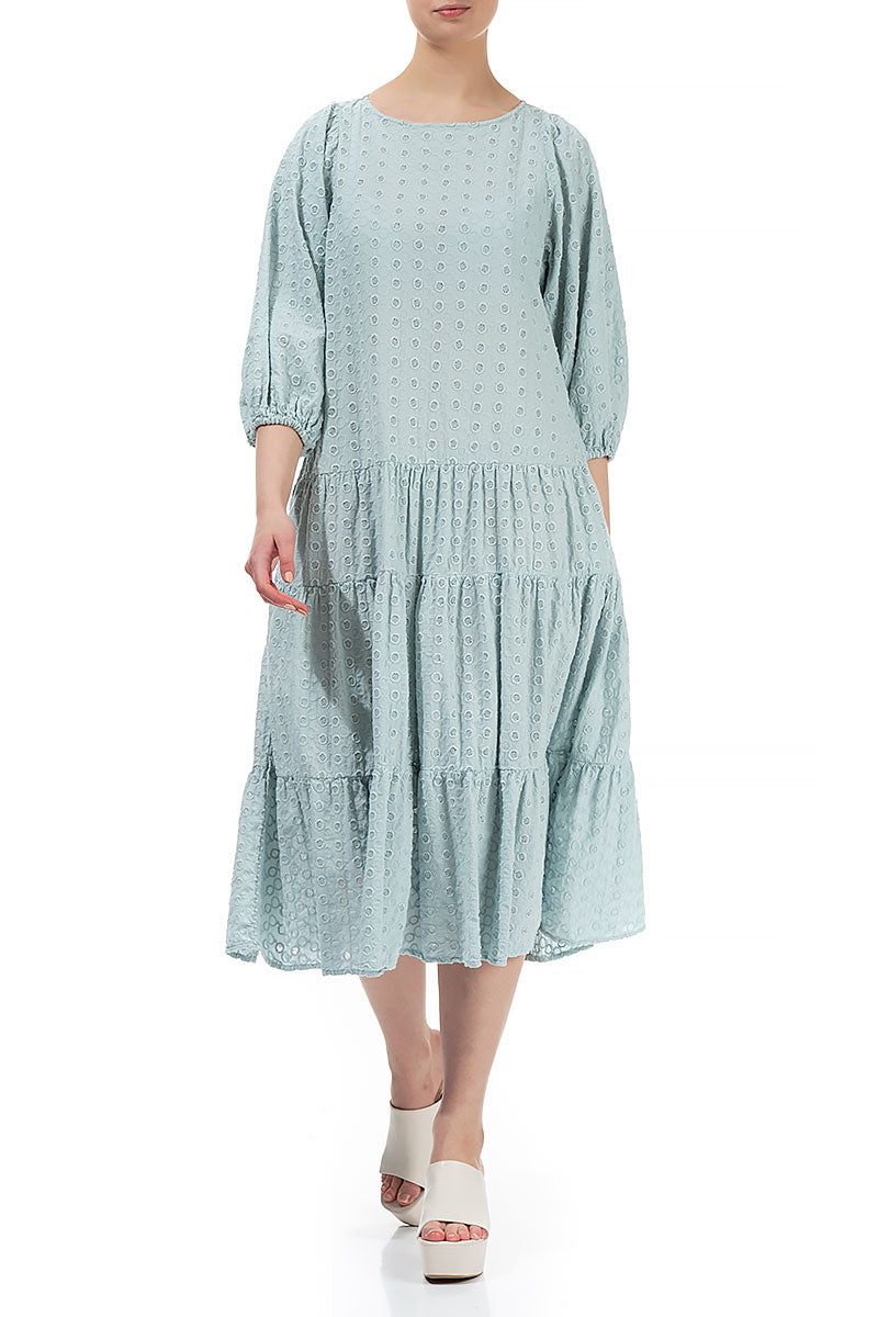 Embroidered Puff Sleeves Cream Grey Cotton Dress