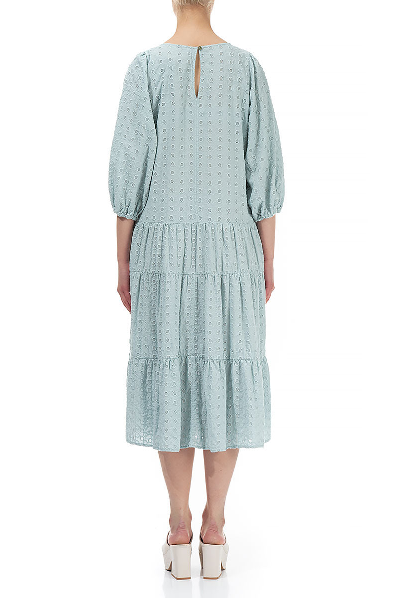 Embroidered Puff Sleeves Cream Grey Cotton Dress