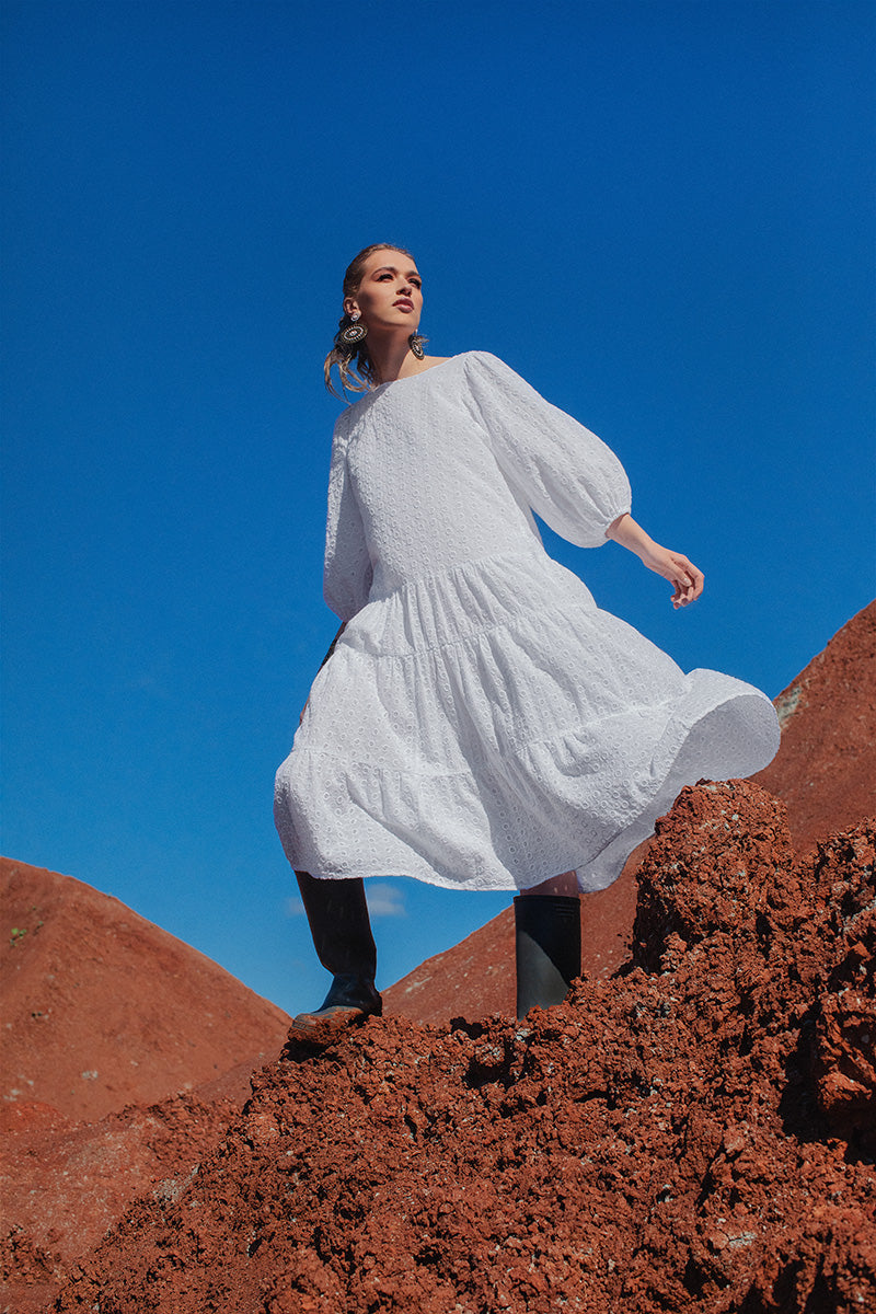 Embroidered Puff Sleeves White Cotton Dress