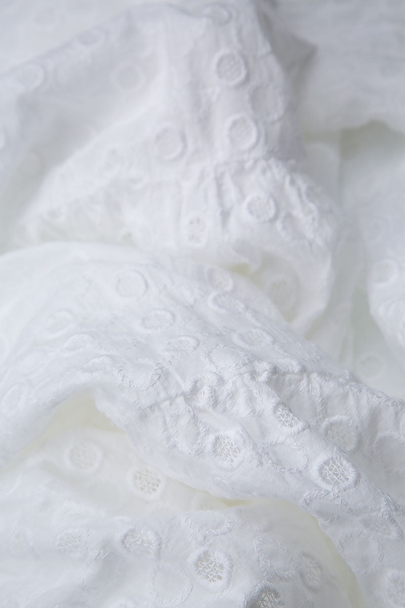 Embroidered Puff Sleeves White Cotton Dress