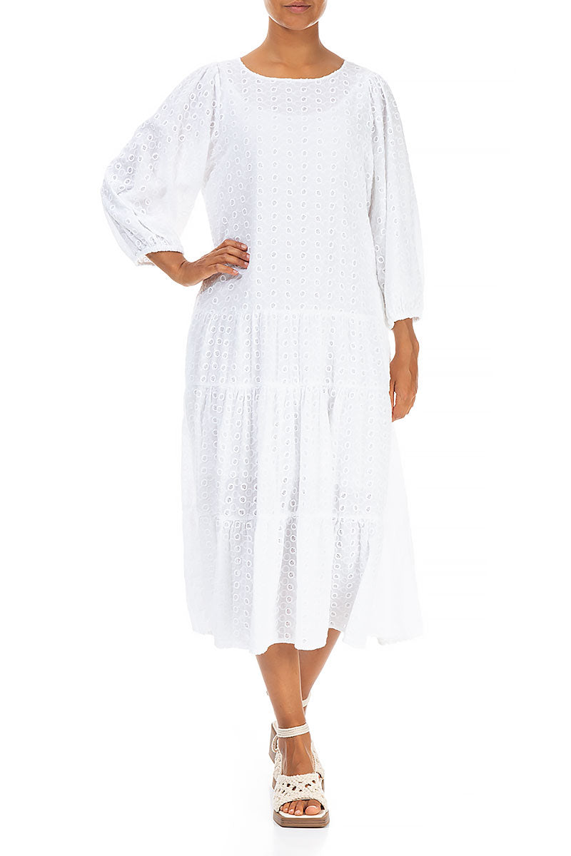 Embroidered Puff Sleeves White Cotton Dress