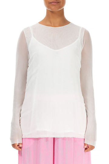 Fitted White Tulle Silk Blouse