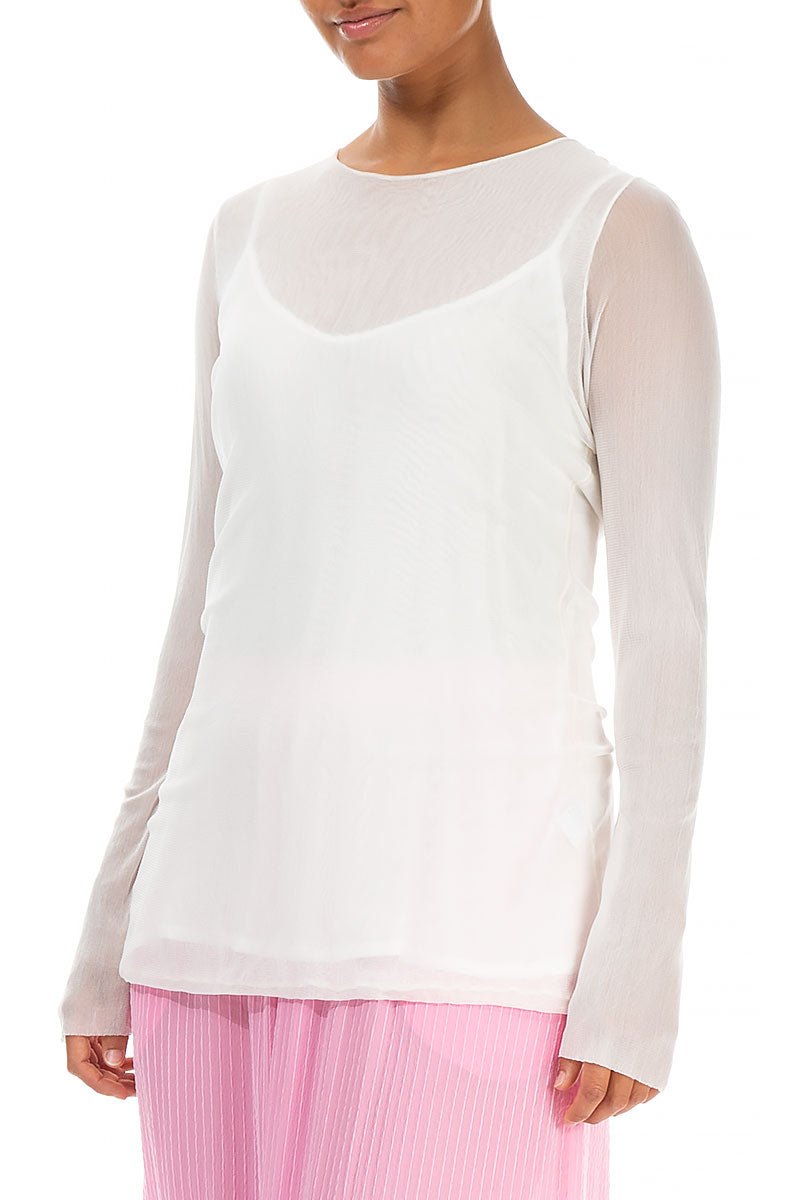 Fitted White Tulle Silk Blouse