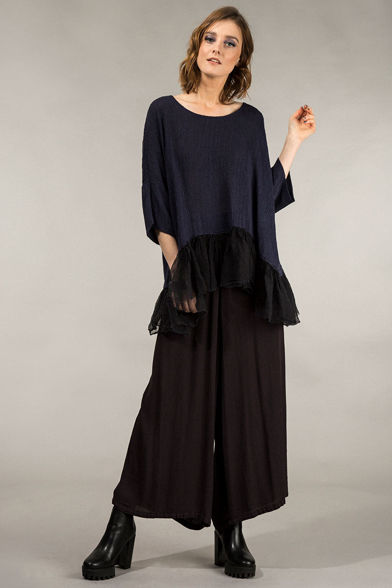 Flared Hem Dark Purple Silk Blouse