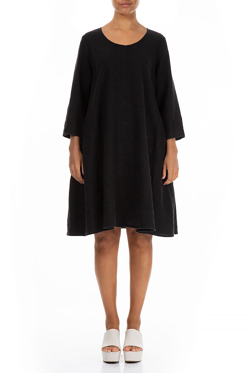 Flared Black Linen Dress