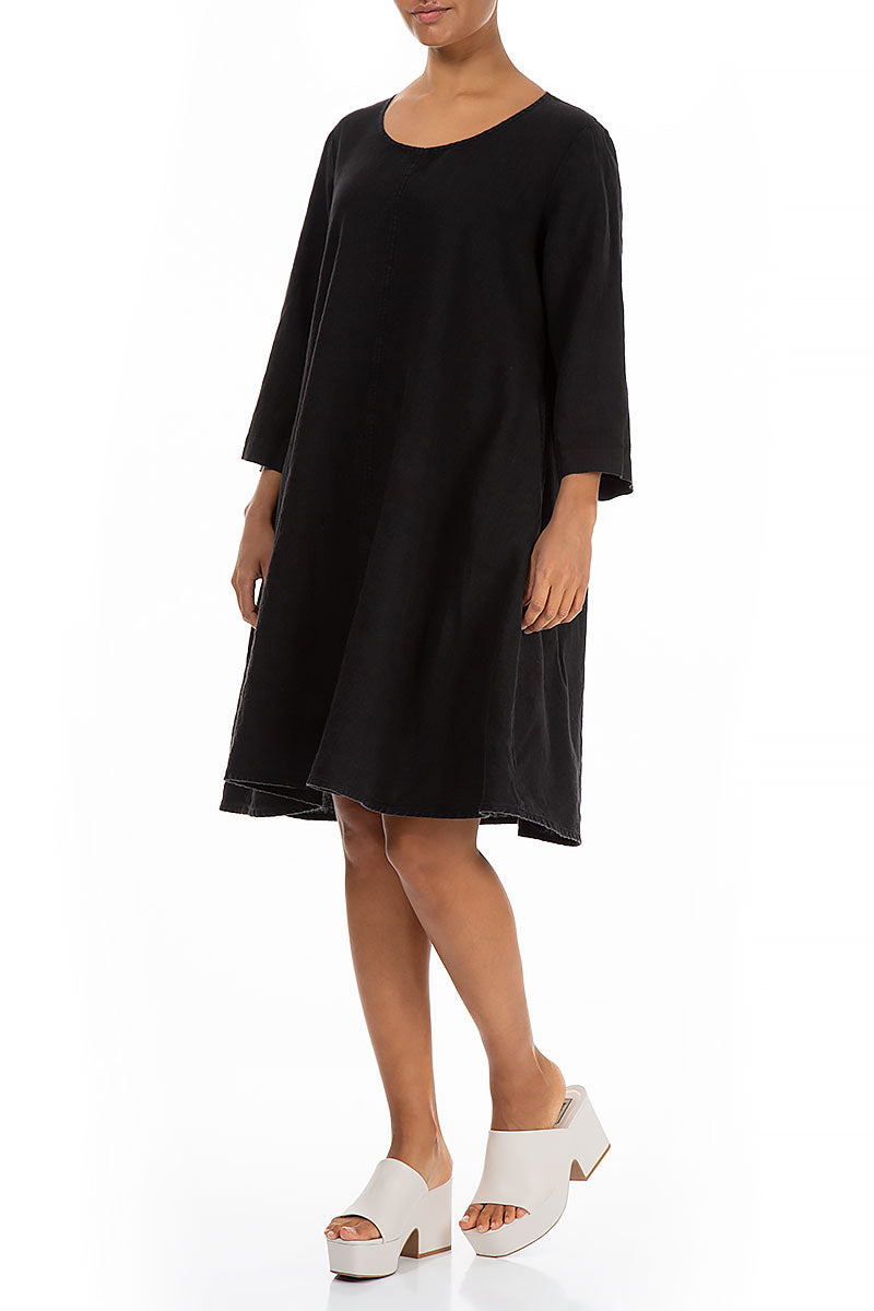 Flared Black Linen Dress