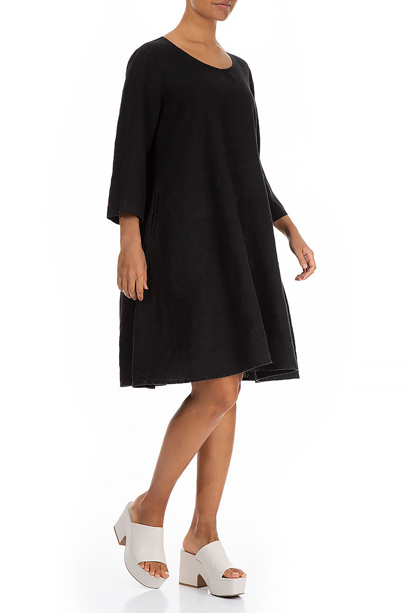 Flared Black Linen Dress