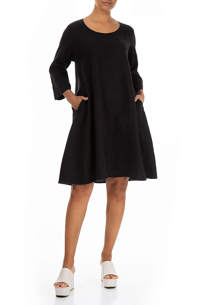 Flared Black Linen Dress