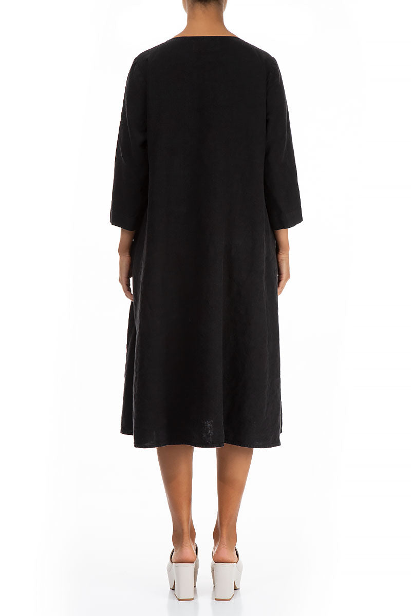 Flared Black Linen Midi Dress