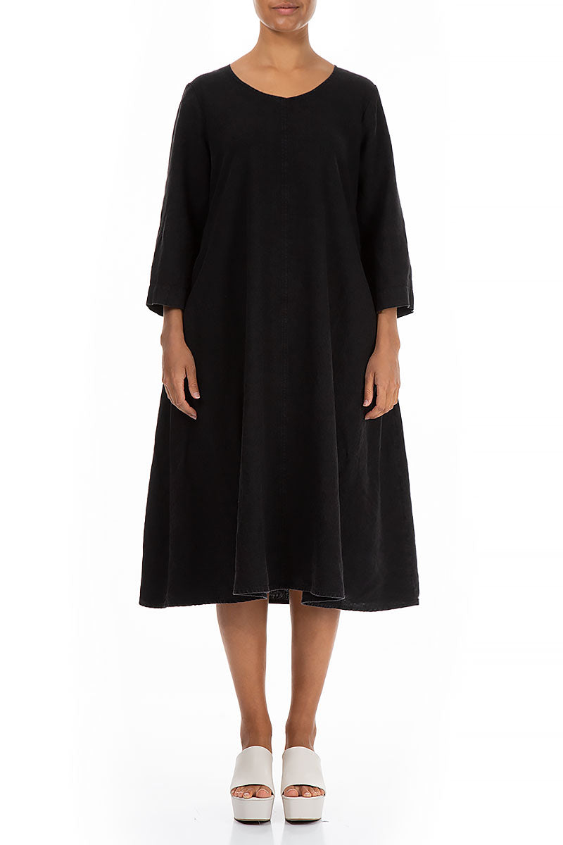 Flared Black Linen Midi Dress