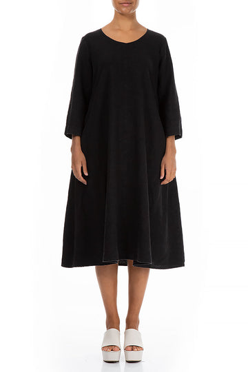 Flared Black Linen Midi Dress