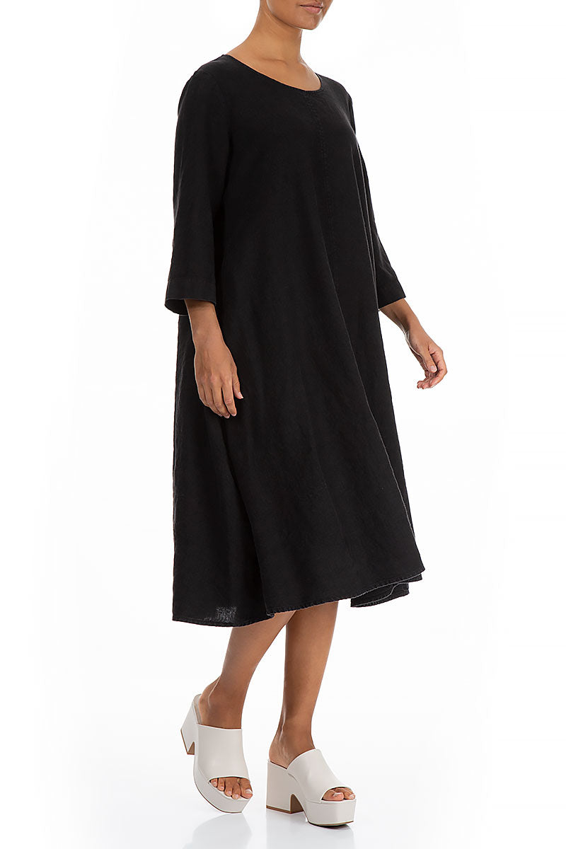 Flared Black Linen Midi Dress