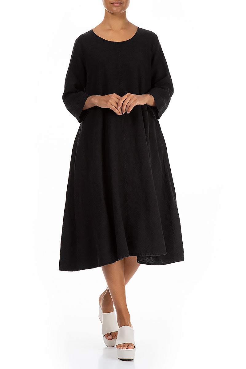 Flared Black Linen Midi Dress