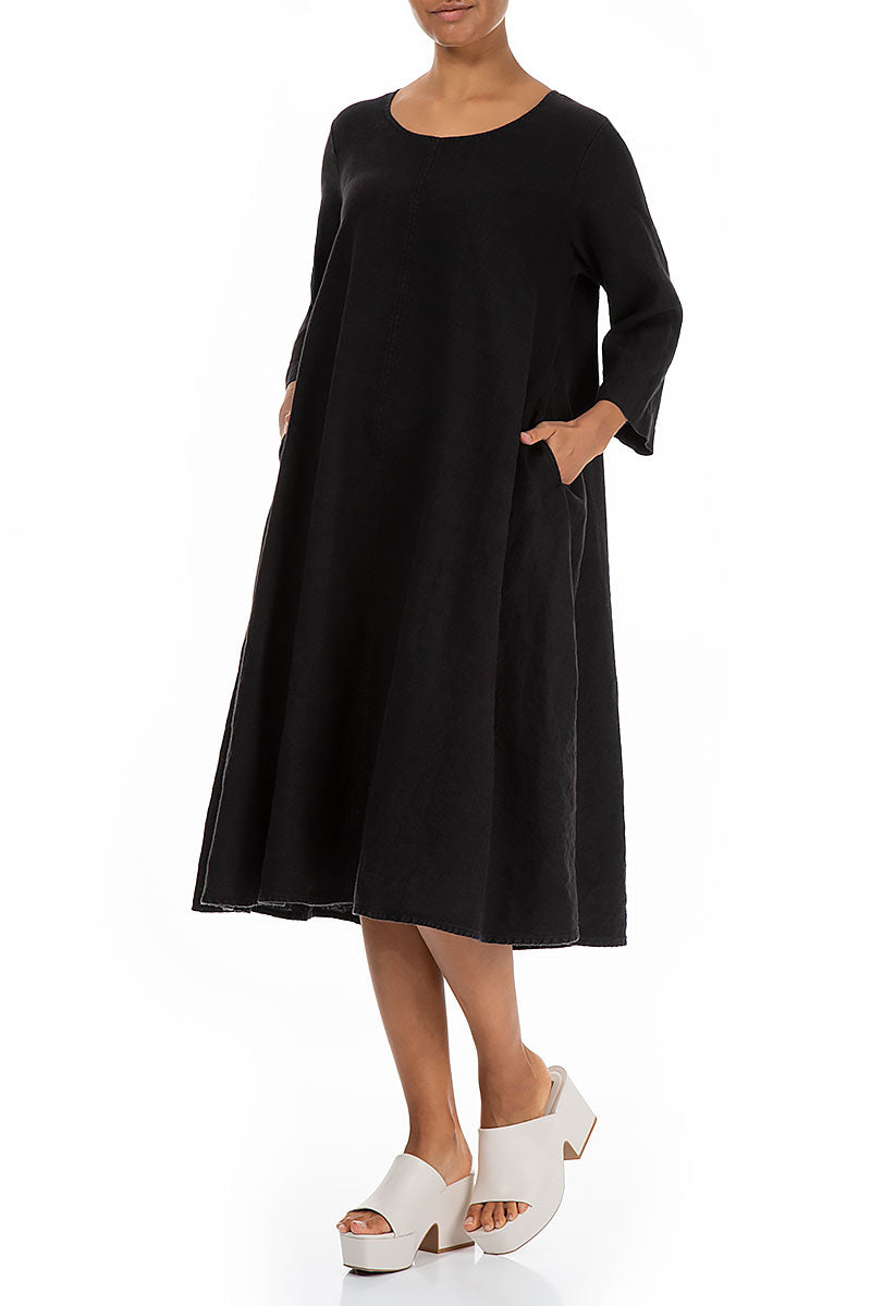 Flared Black Linen Midi Dress