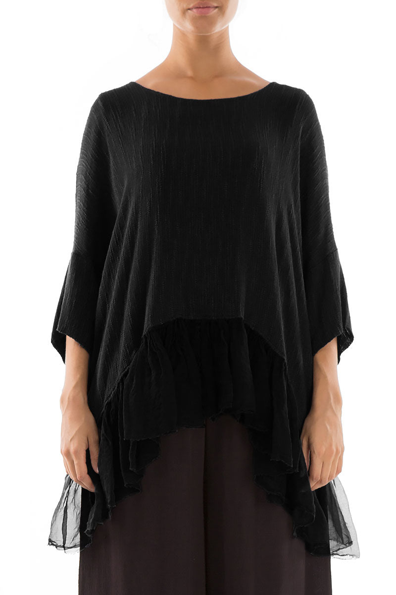 Flared Chiffon Hem Black Linen Blouse
