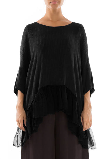 Flared Chiffon Hem Black Linen Blouse