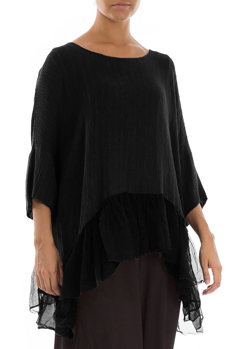 Flared Chiffon Hem Black Linen Blouse