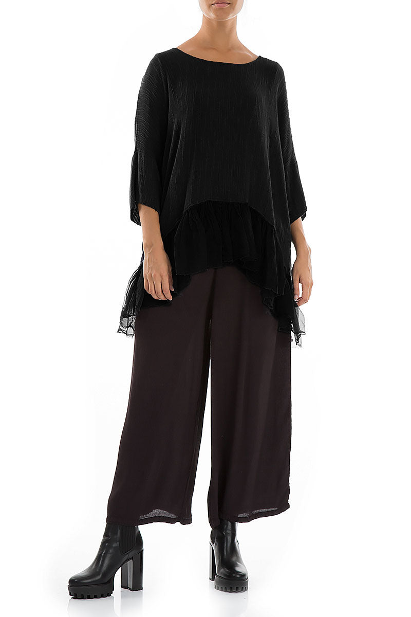 Flared Chiffon Hem Black Linen Blouse
