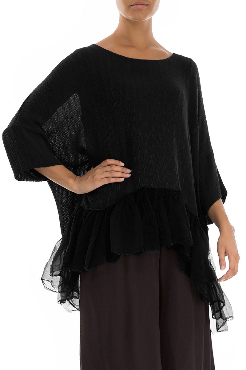 Flared Chiffon Hem Black Linen Blouse