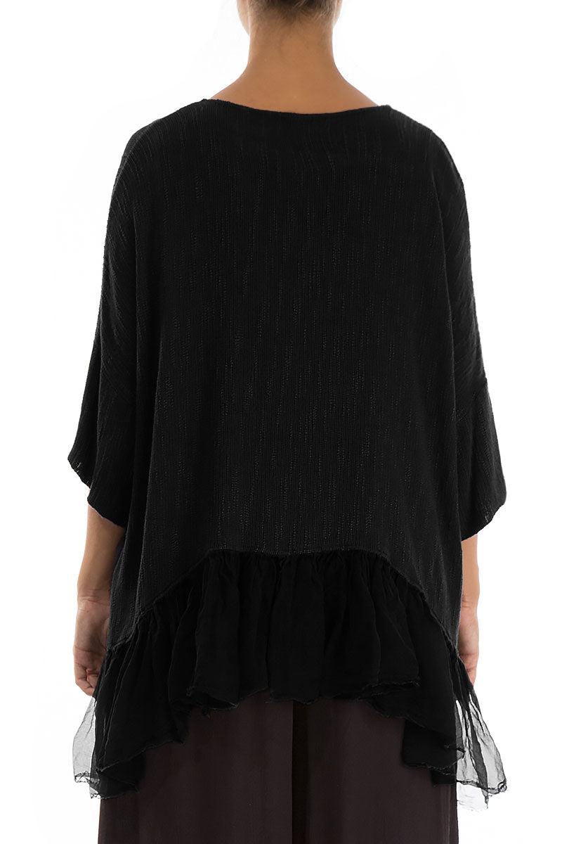 Flared Chiffon Hem Black Linen Blouse