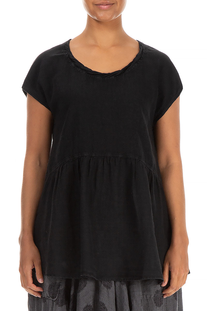 Flared Loose Black Linen Blouse