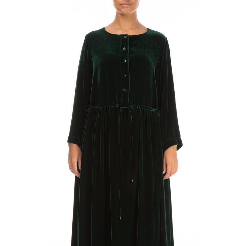 Flared Pine Green Silk Velvet Dress