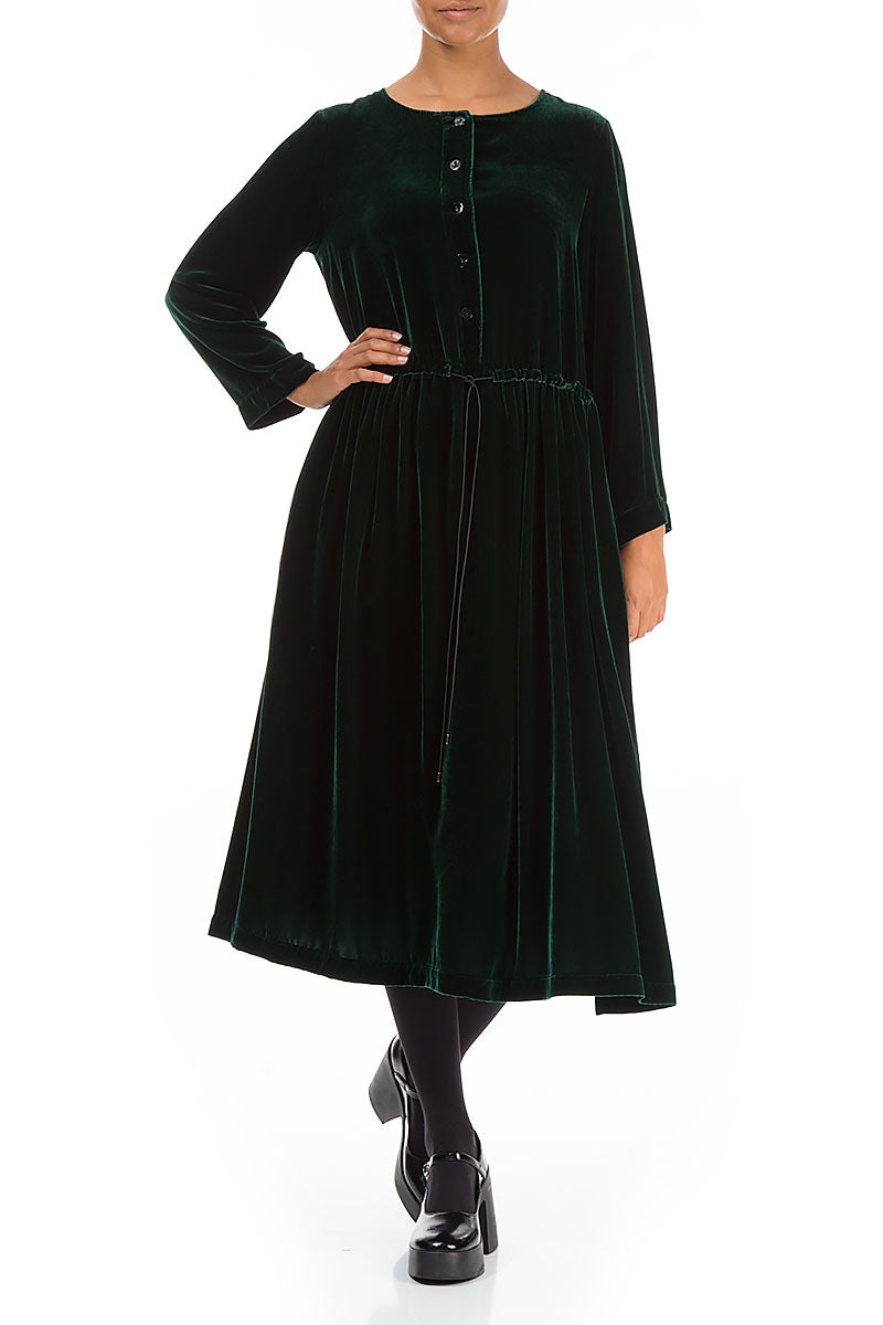 Flared Pine Green Silk Velvet Dress