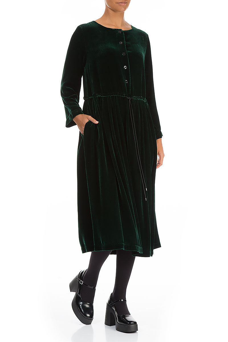 Flared Pine Green Silk Velvet Dress