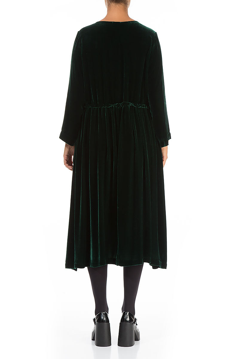 Flared Pine Green Silk Velvet Dress