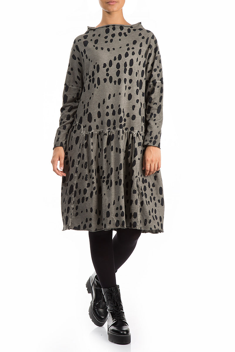 Flared Washed Effect Olive Drops Cotton Dress