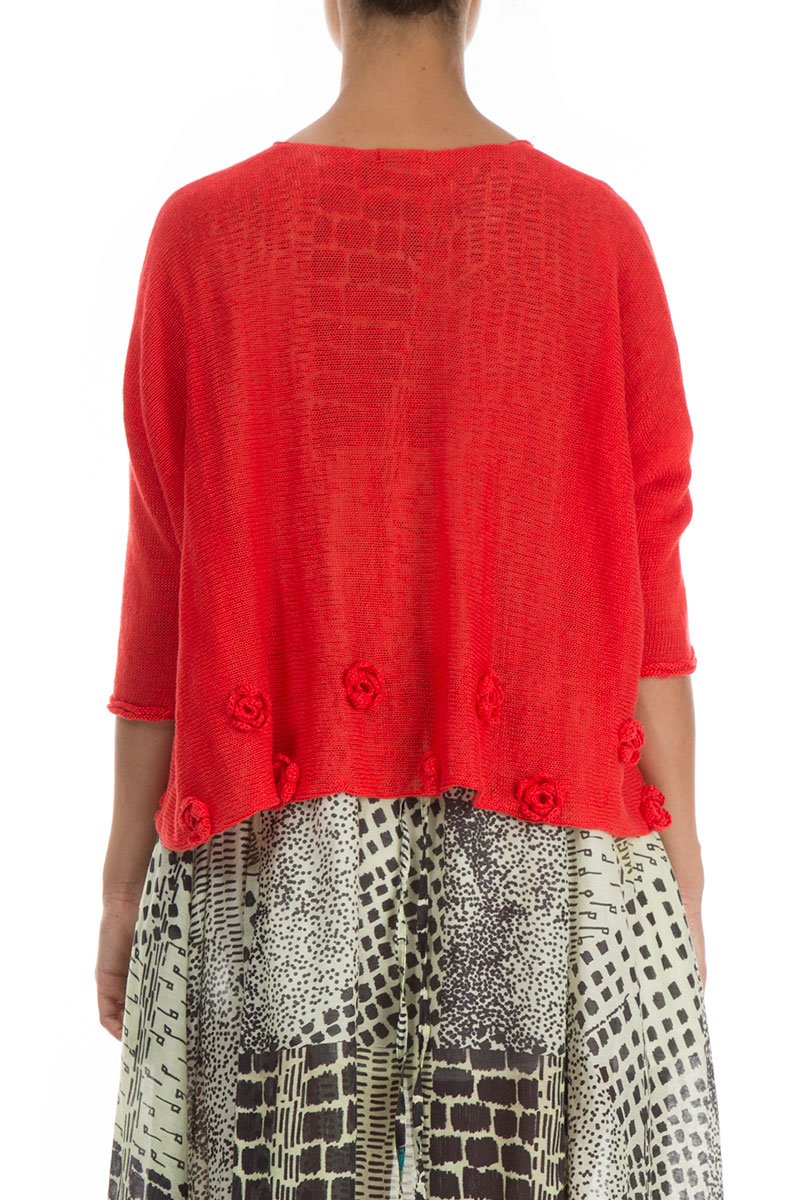 Flowers Decorated Bright Red Linen Jumper