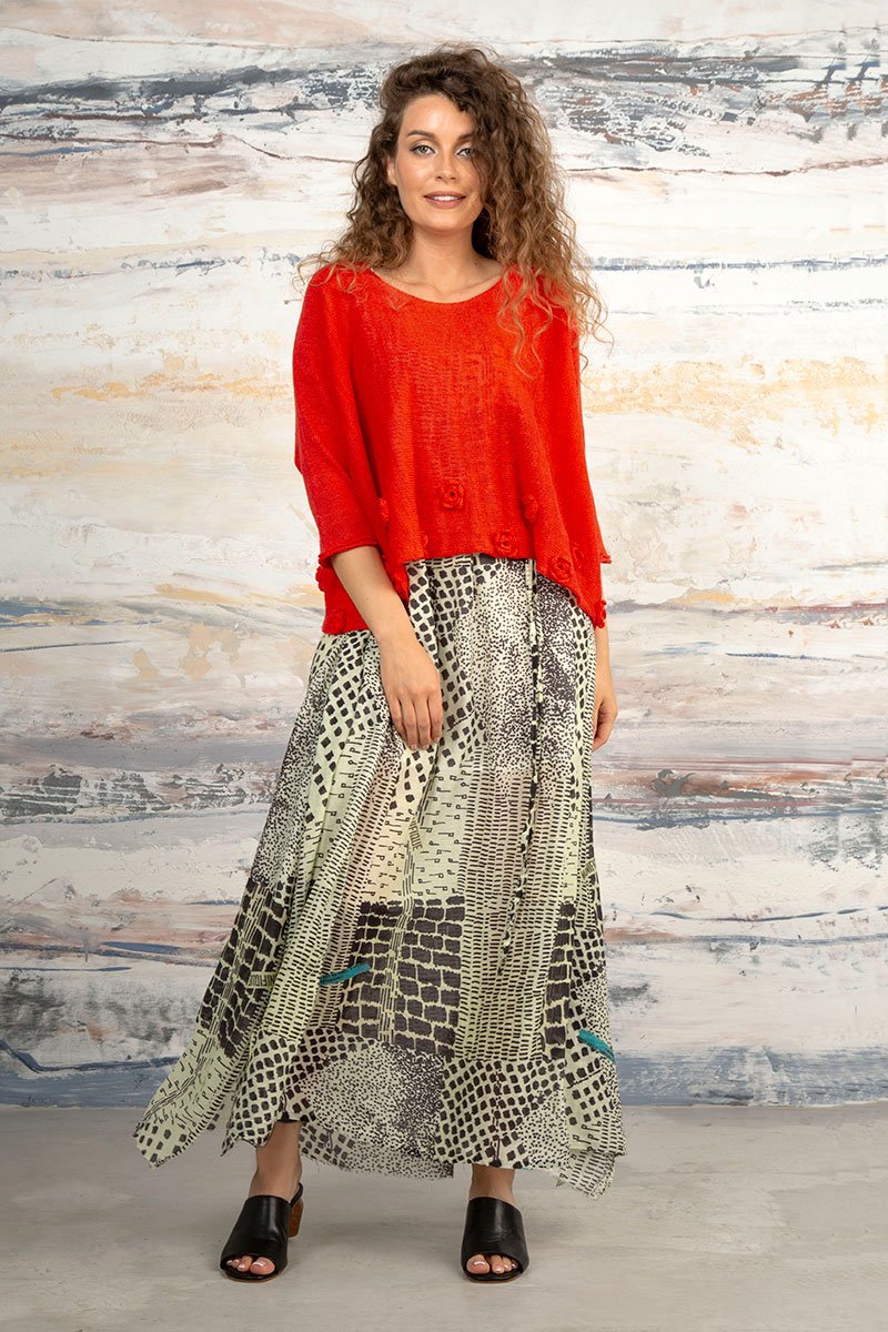 Flowers Decorated Bright Red Linen Jumper