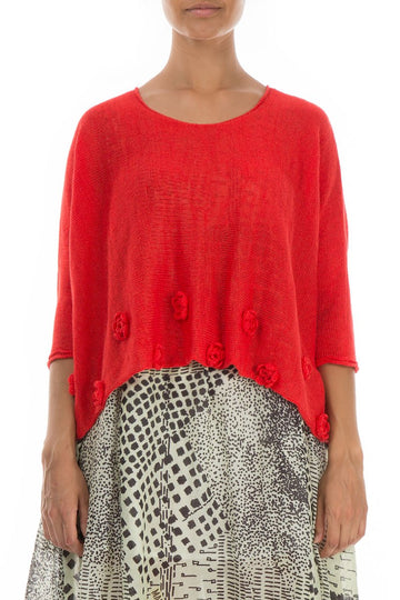Flowers Decorated Bright Red Linen Jumper