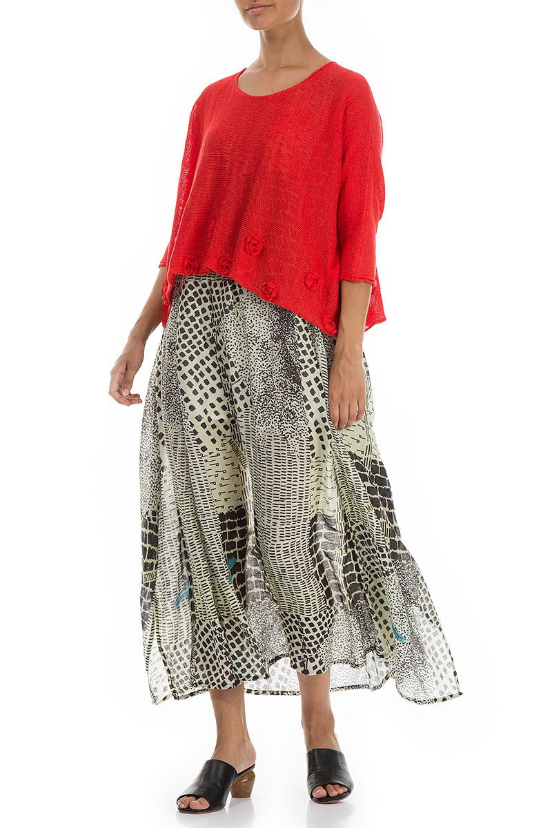 Flowers Decorated Bright Red Linen Jumper