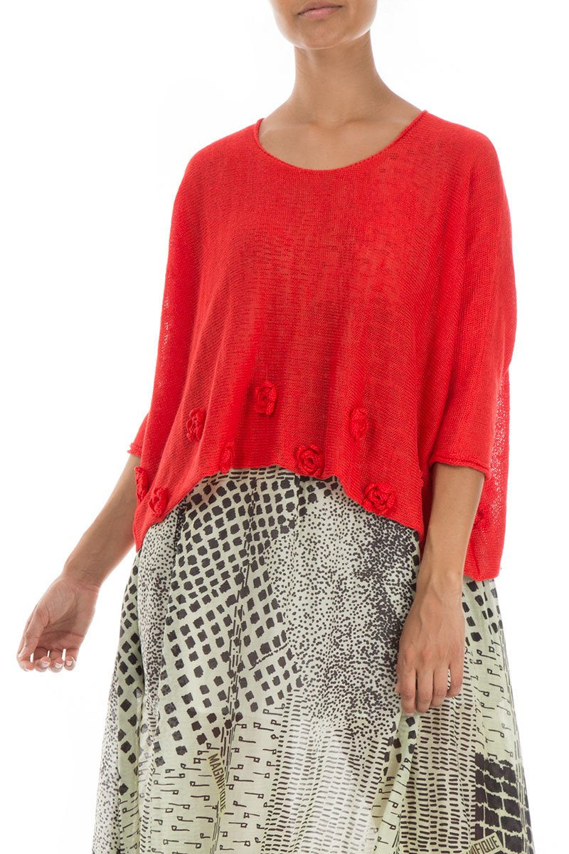 Flowers Decorated Bright Red Linen Jumper