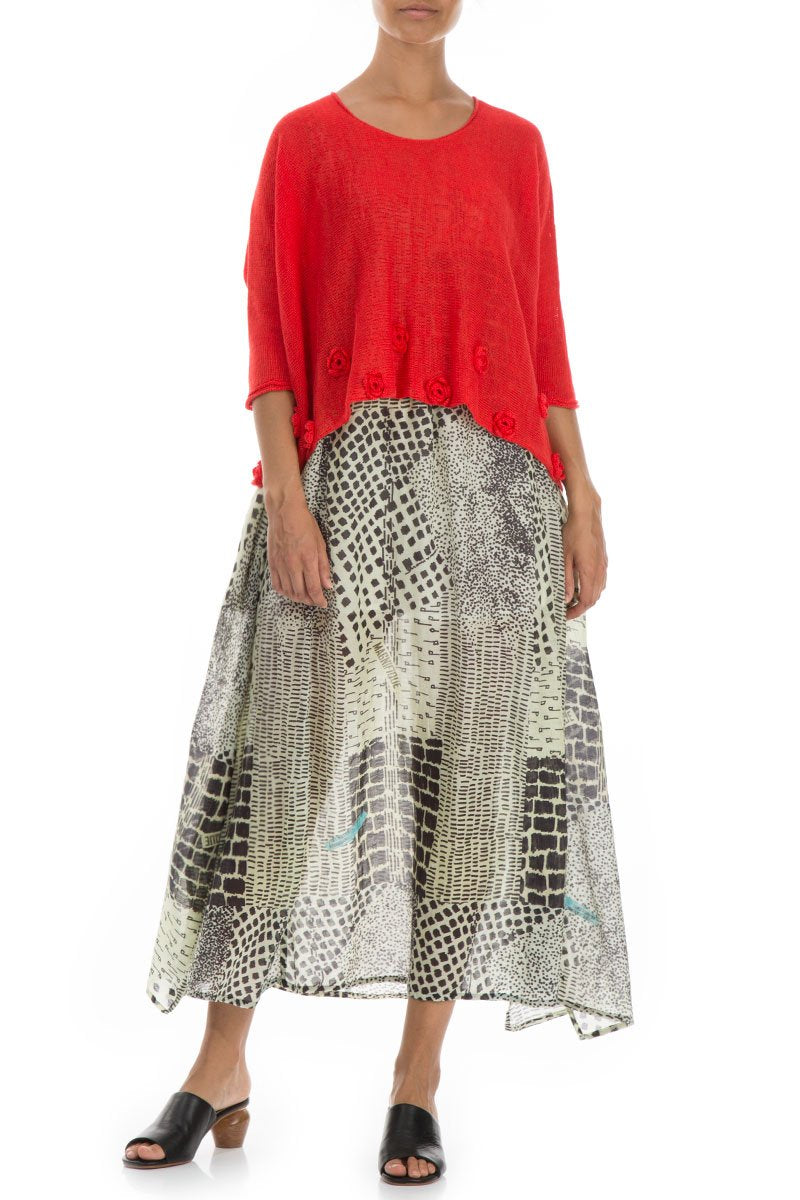 Flowers Decorated Bright Red Linen Jumper