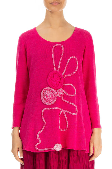 Flowers Decorated Hot Pink Linen Jumper