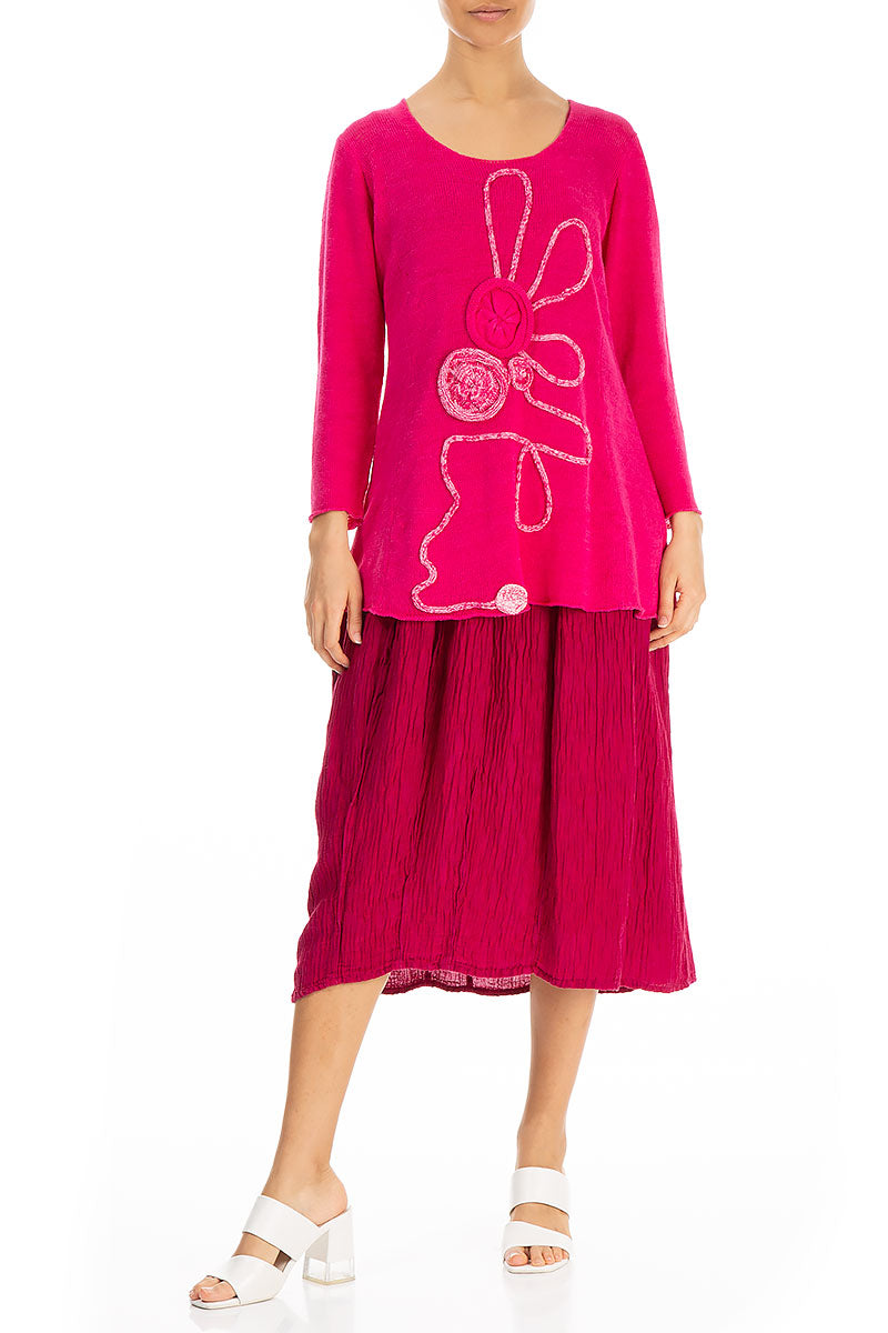 Flowers Decorated Hot Pink Linen Jumper