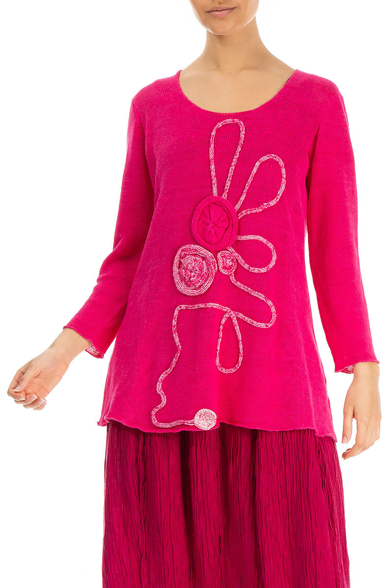 Flowers Decorated Hot Pink Linen Jumper