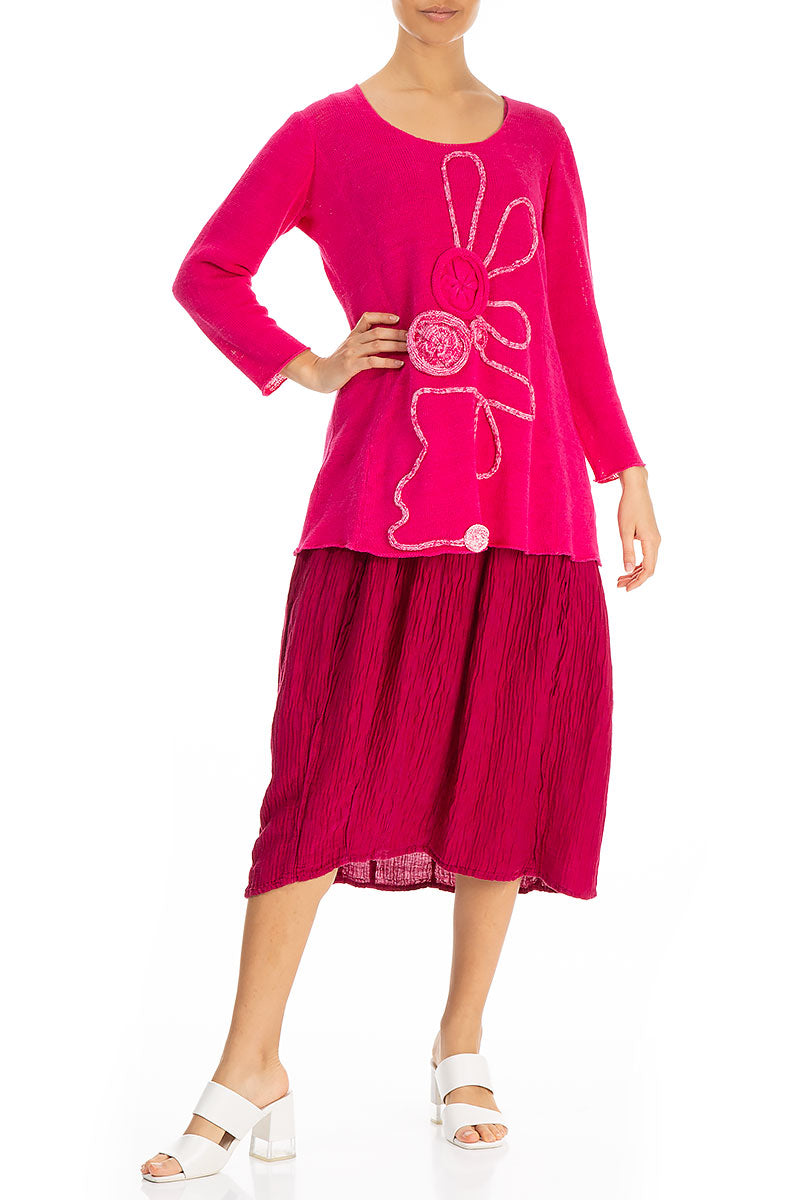 Flowers Decorated Hot Pink Linen Jumper