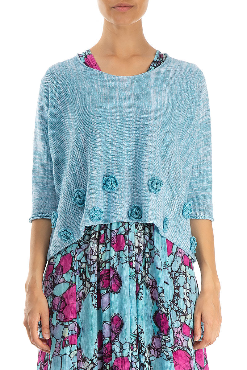 Flowers Decorated Mélange Turquoise Linen Jumper