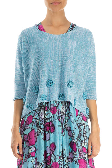 Flowers Decorated Mélange Turquoise Linen Jumper