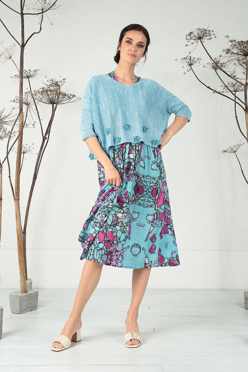 Flowers Decorated Mélange Turquoise Linen Jumper