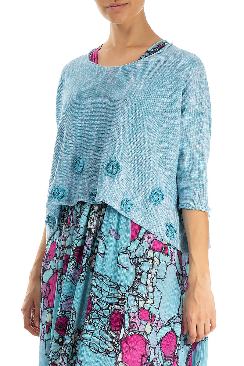 Flowers Decorated Mélange Turquoise Linen Jumper