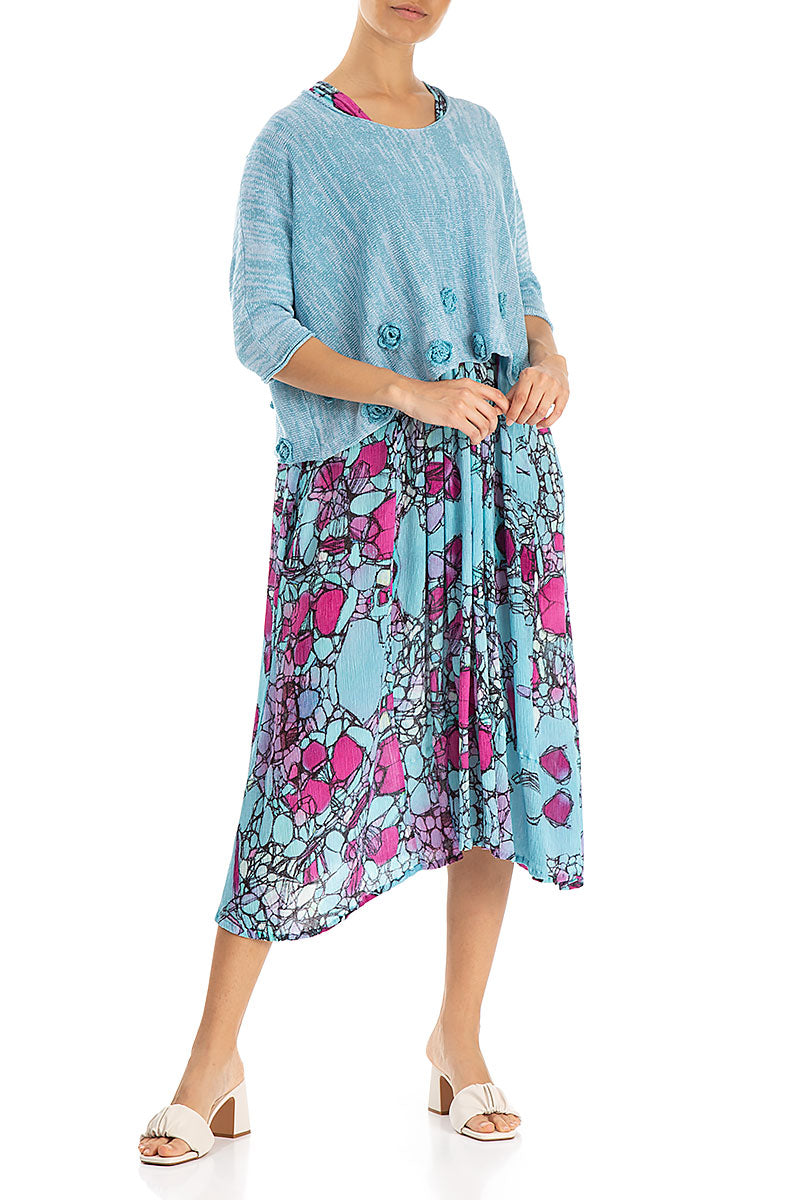 Flowers Decorated Mélange Turquoise Linen Jumper