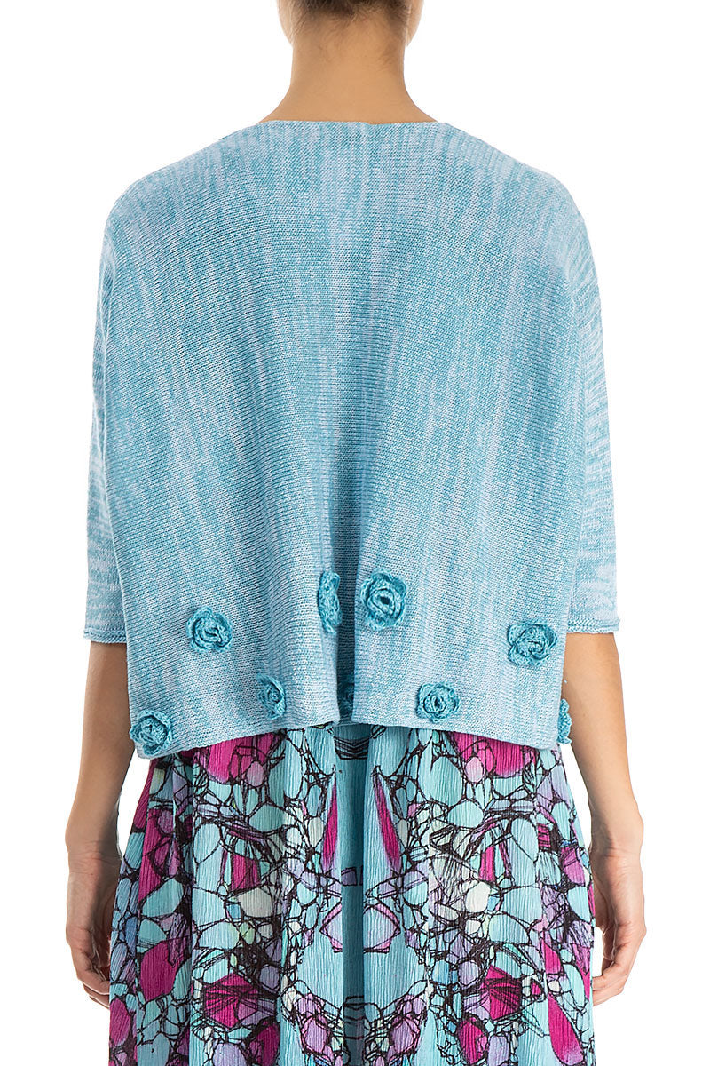Flowers Decorated Mélange Turquoise Linen Jumper
