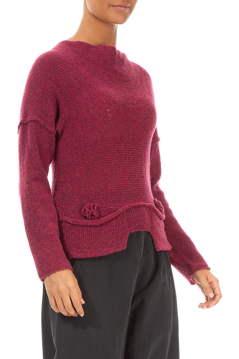 Flowers Pocket Rose Red Wool Sweater