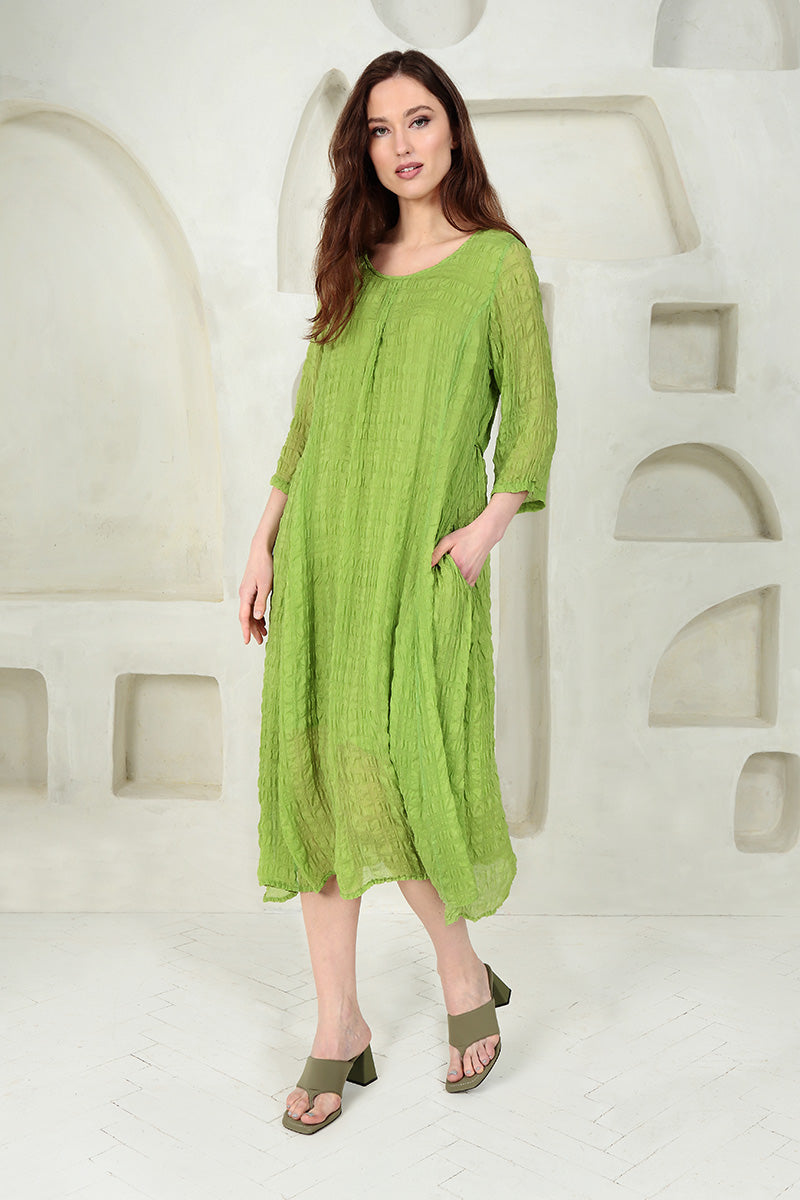 Flowy Tie Up Spring Green Textured Silk Dress