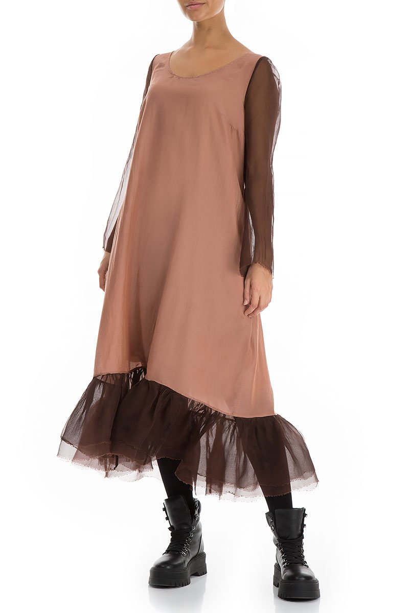 Frilled Cinnamon Pure Silk Dress