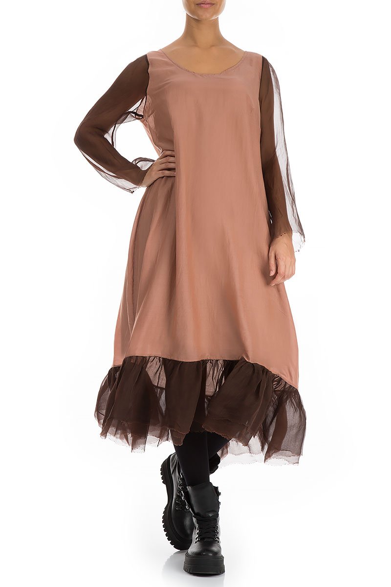 Frilled Cinnamon Pure Silk Dress